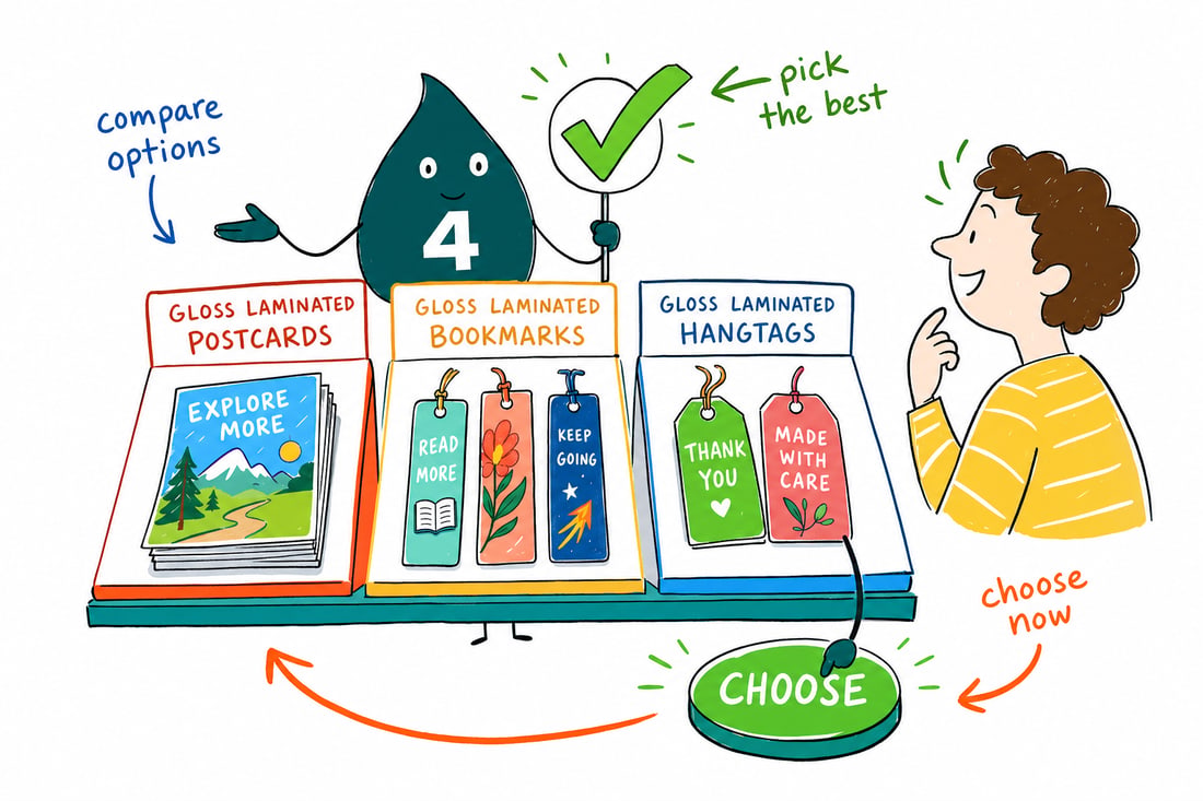Wally compares Gloss Laminated Printing options side by side at 4OVER4.COM