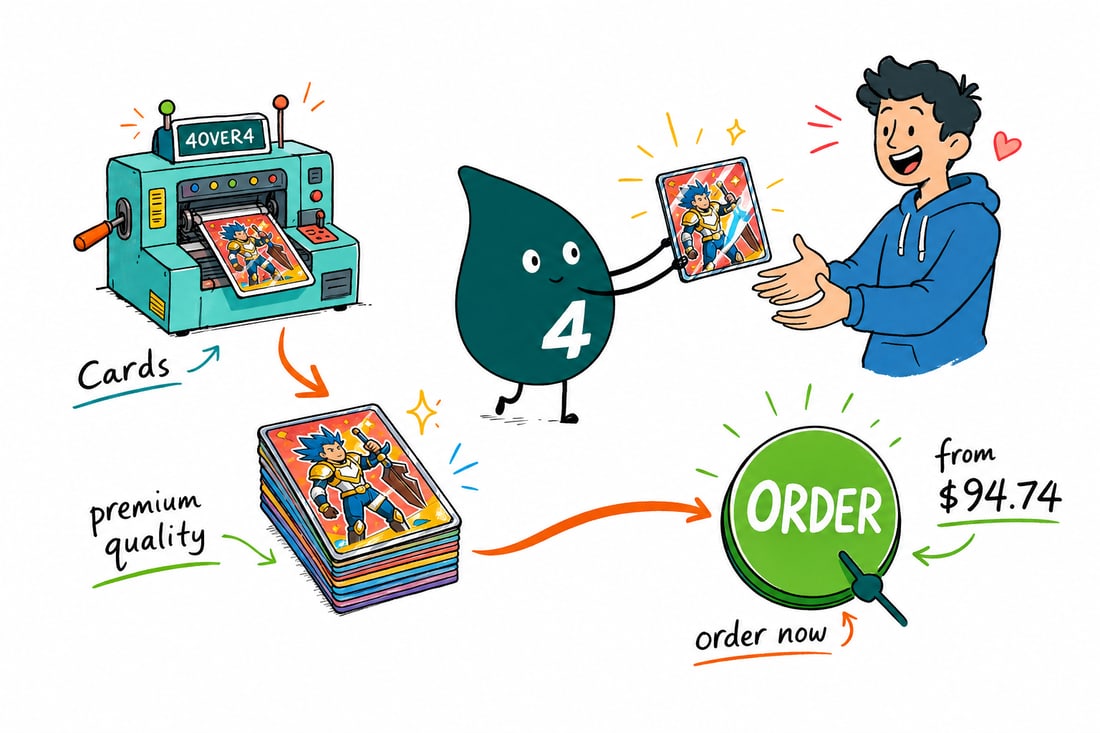 Wally the 4OVER4 mascot holding up a shiny gloss laminated trading card at 2.5 by 3.5 inch, priced at $94.74 for 250, teal hand-drawn line art.