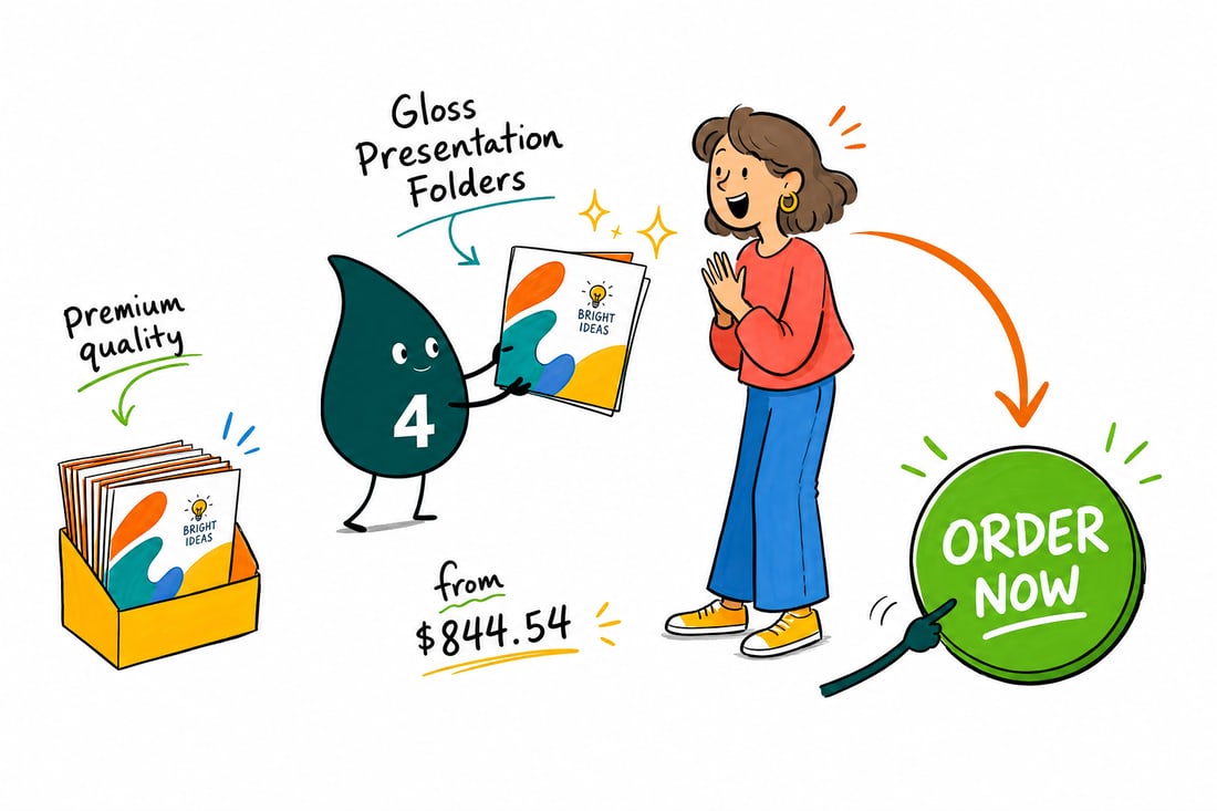 Wally the 4OVER4 mascot holding open a glossy presentation folder with a business card tucked into the pocket slit, handing it across a desk, teal hand-drawn line art.