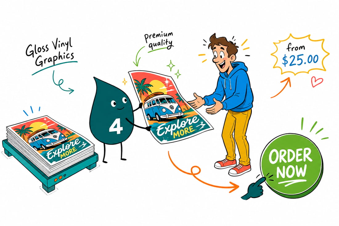 Wally the 4OVER4 mascot smoothing a glossy vinyl graphic onto a wall, priced from $25, teal hand-drawn line art.