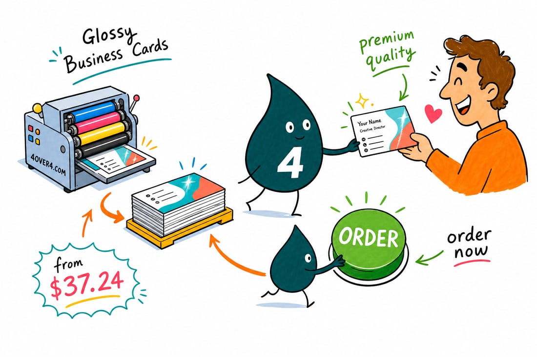 Wally the 4OVER4 mascot handing a shiny gloss-laminated business card, priced at $37.24 for 50, across a counter to a happy customer, teal hand-drawn line art.