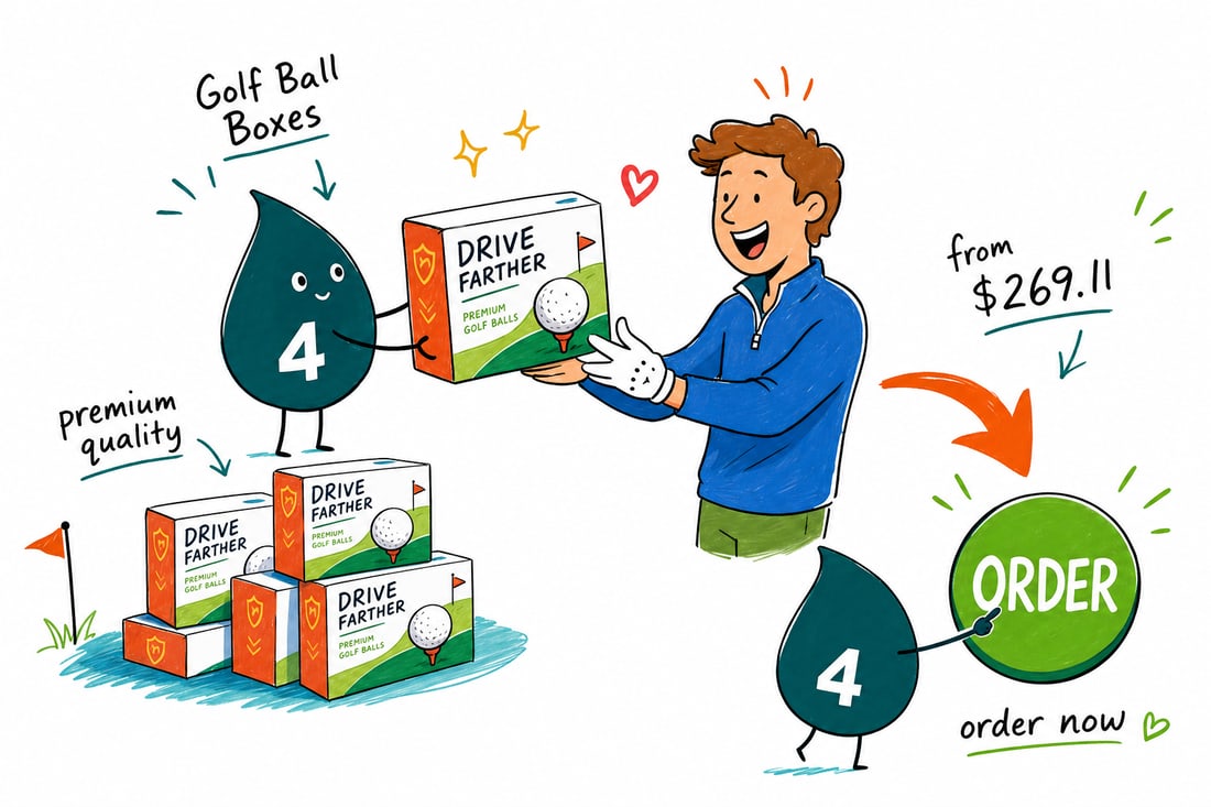 Wally the 4OVER4 mascot handing a branded golf ball box, sized 1.7 by 1.7 by 5 inch for a three-ball sleeve and priced from $269.11 for 50, across a pro shop counter, teal hand-drawn line art.