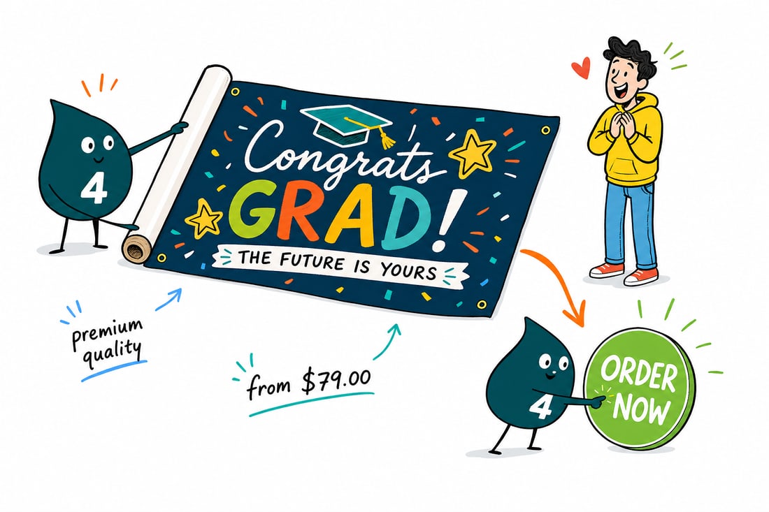 Wally the 4OVER4 mascot hanging a full-color graduation banner priced from $79 across a garage while a happy graduate cheers, teal hand-drawn line art.