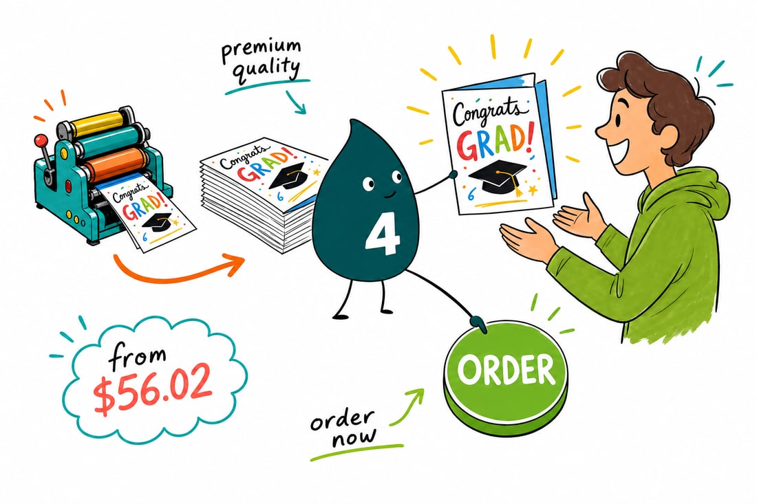 Wally the 4OVER4 mascot handing a folded graduation greeting card with a tossed-cap design, priced at $56.02 for 50, across a counter to a happy graduate, teal hand-drawn line art.