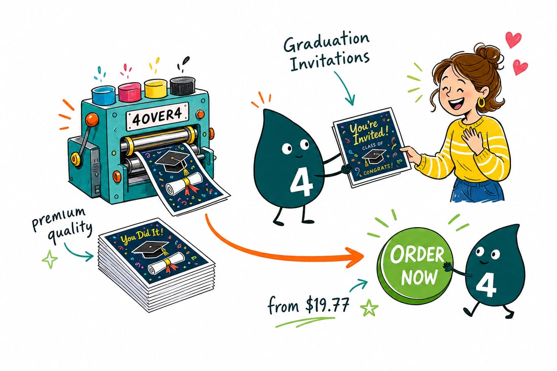 Wally the 4OVER4 mascot handing a graduation invitation card, priced at $19.77 for 25, with a matching white envelope, to a smiling graduate in a cap and gown, teal hand-drawn line art.