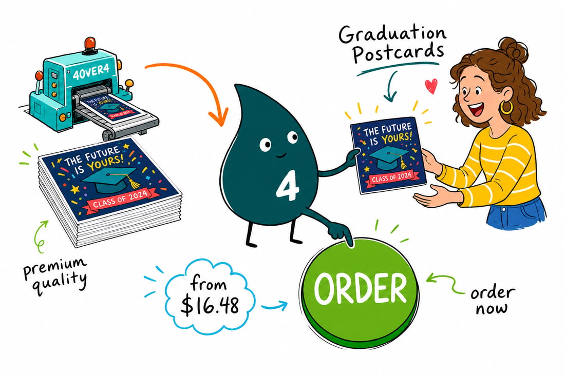 Wally the 4OVER4 mascot handing a full-color graduation postcard, priced at $16.48 for 50, across a counter to a happy graduate, teal hand-drawn line art.