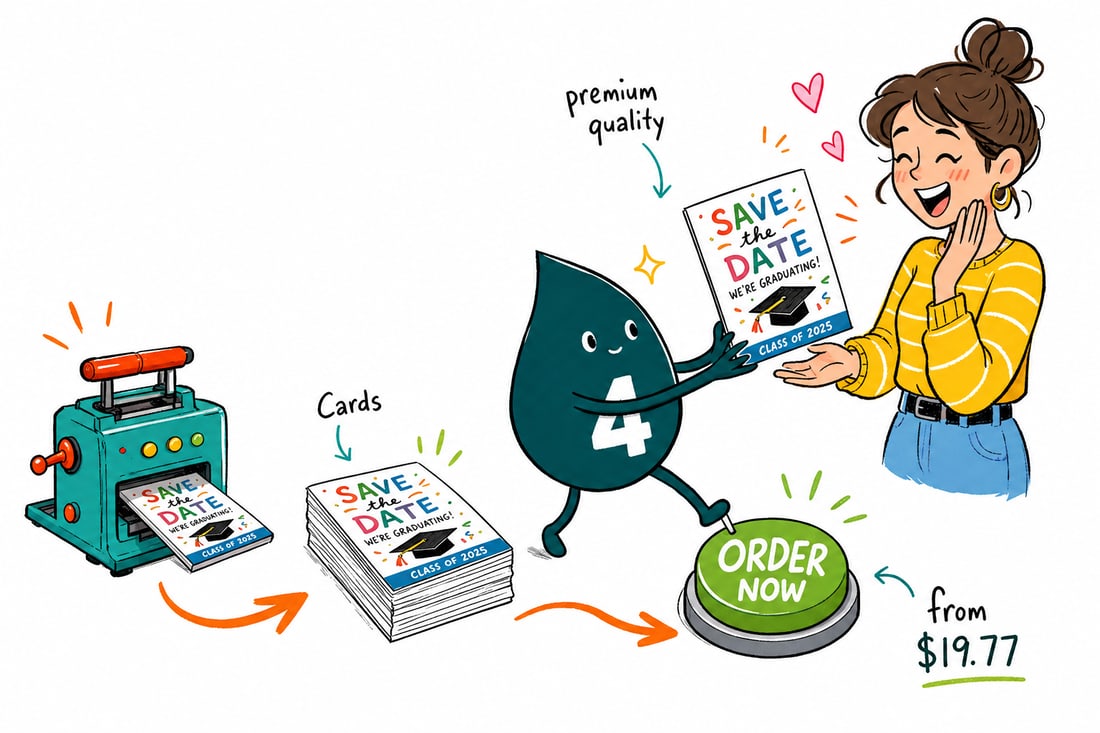 Wally the 4OVER4 mascot handing a graduation save the date card, priced at $19.77 for 25, across a counter to a proud family, teal hand-drawn line art.
