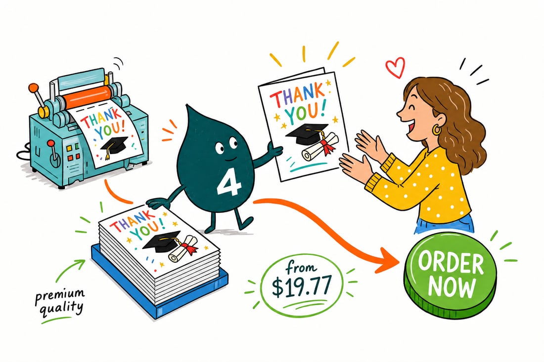 Wally the 4OVER4 mascot with a 4 on his cap handing a graduation thank you card, priced at $19.77 for 25, to a smiling graduate in cap and gown, teal hand-drawn line art.