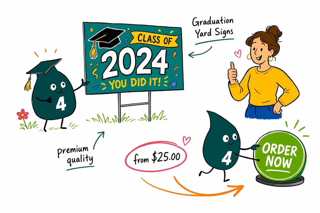 Wally the 4OVER4 mascot pushing a printed graduation yard sign, priced from $25, into a green lawn with a metal H-stake, teal hand-drawn line art.