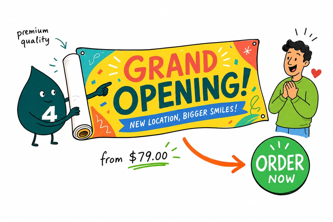 Wally the 4OVER4 mascot hanging a large red Grand Opening vinyl banner across a storefront, priced from $79, teal hand-drawn line art.