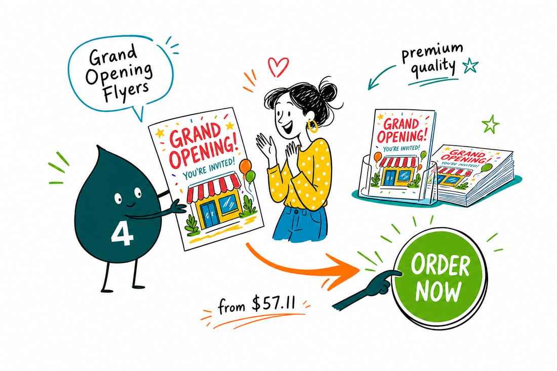 Wally the 4OVER4 mascot handing a bright grand opening flyer, priced at $39.54 for 50, to a customer outside a newly opened shop, teal hand-drawn line art.