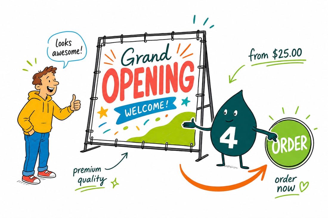 Wally the 4OVER4 mascot hanging a bright grand opening sign across a new storefront window, priced from $25, teal hand-drawn line art.