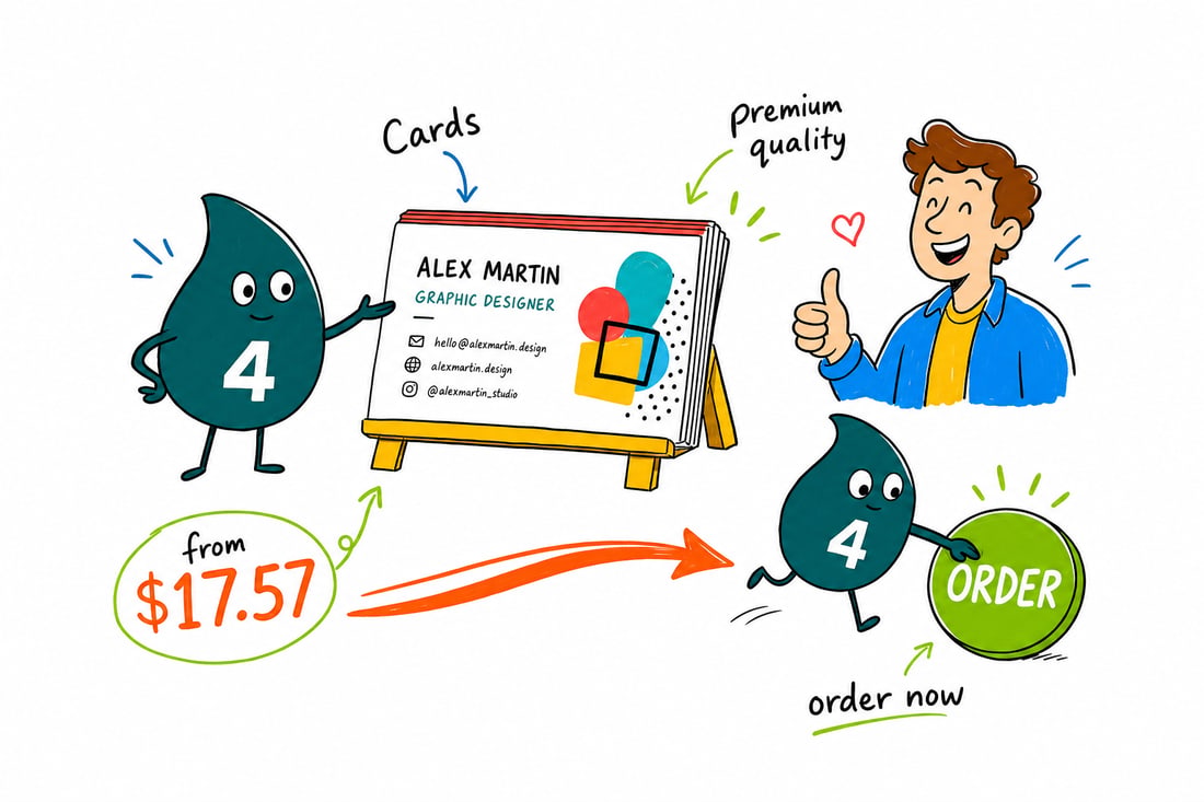 Wally the 4OVER4 mascot handing a full-color designer business card, priced at $17.57 for 100, across a counter to a happy graphic designer, teal hand-drawn line art.