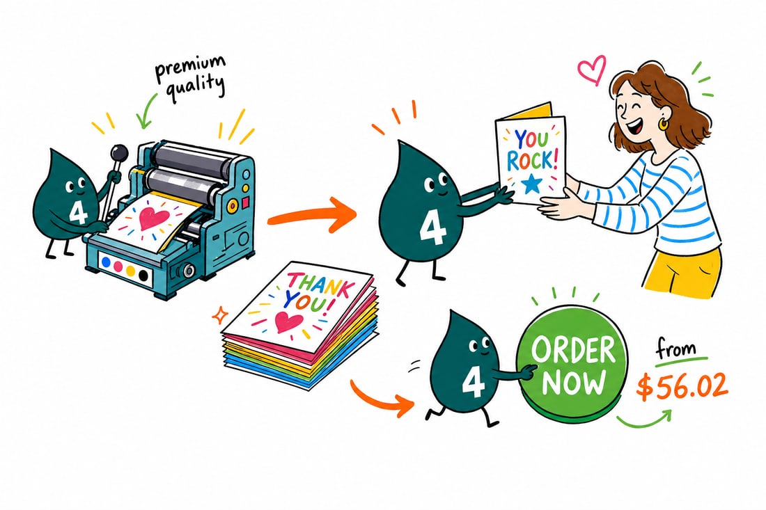Wally the 4OVER4 mascot handing a folded greeting card with a matching envelope to a happy customer, teal hand-drawn line art.