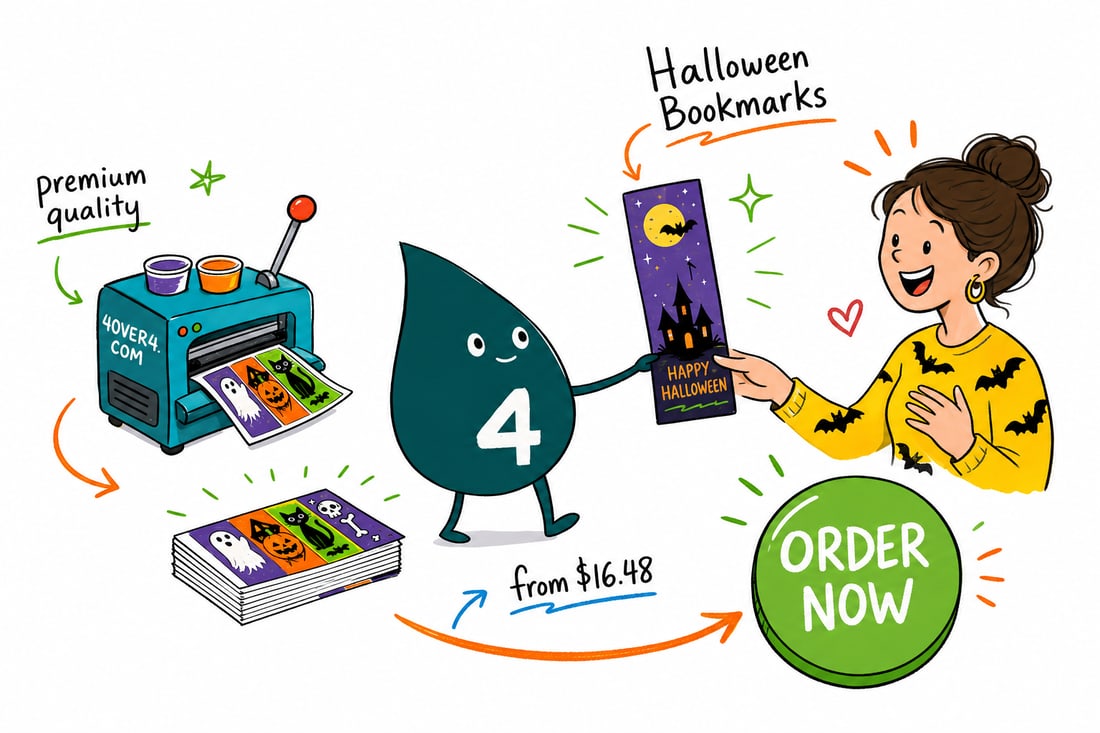 Wally the 4OVER4 mascot handing a tall Halloween bookmark with a tassel, priced at $16.48 for 50, across a counter to a happy reader, teal hand-drawn line art.