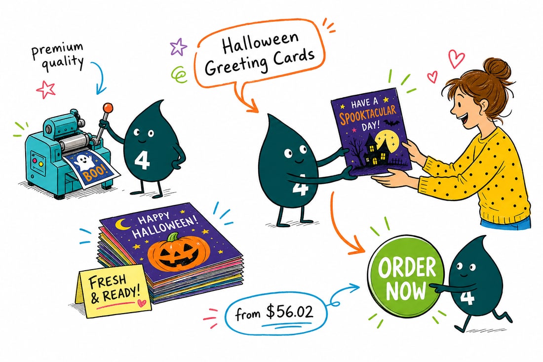 Wally the 4OVER4 mascot handing a folded Halloween greeting card with a matching envelope to a happy customer, teal hand-drawn line art.