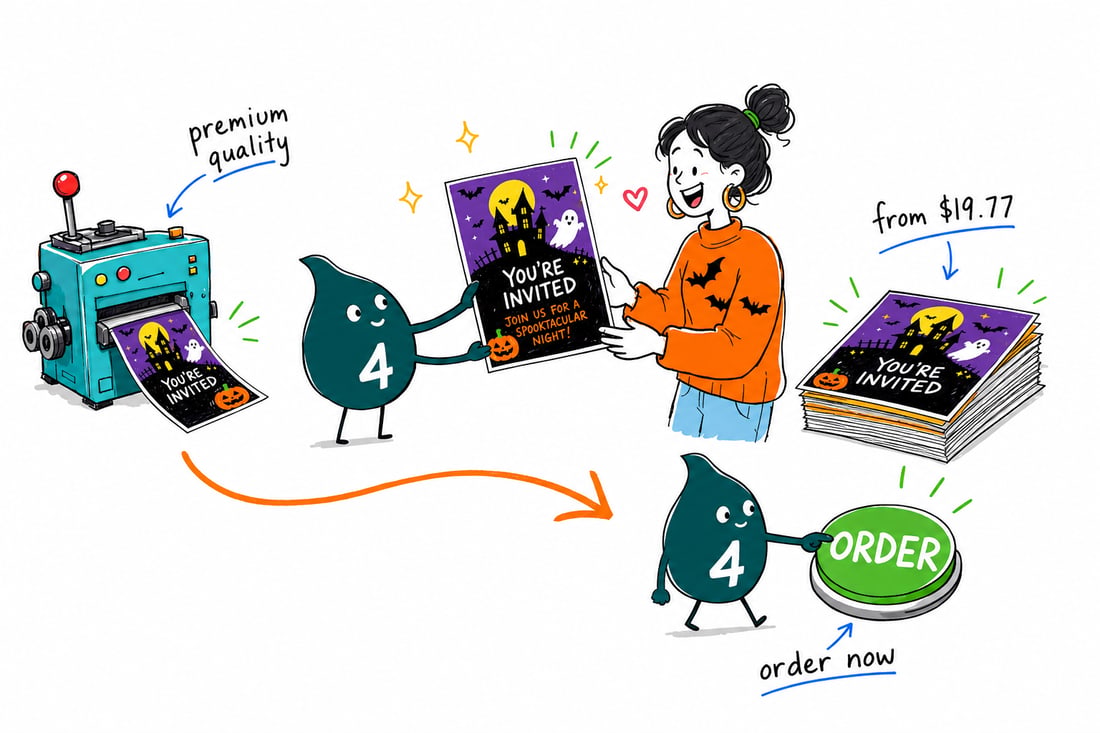 Wally the 4OVER4 mascot handing an orange and black Halloween invitation, priced at $19.77 for 25, with a matching white envelope across a counter to a happy customer, teal hand-drawn line art.