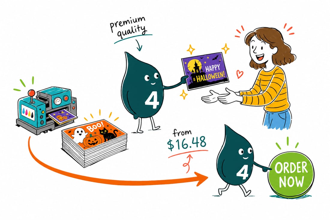 Wally the 4OVER4 mascot handing a full-color Halloween postcard, priced at $16.48 for 50, across a counter to a happy customer, teal hand-drawn line art.