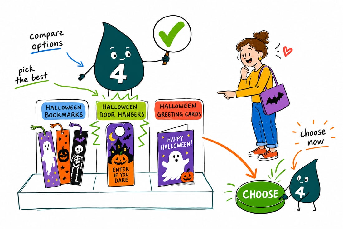 Wally compares Halloween Printing options side by side at 4OVER4.COM