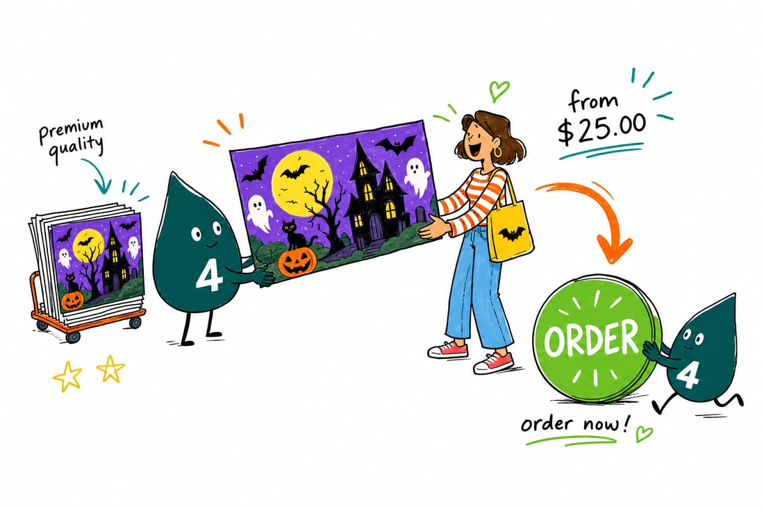Wally the 4OVER4 mascot pressing a large Halloween wall graphic of a friendly ghost onto a wall, priced from $25, teal hand-drawn line art.