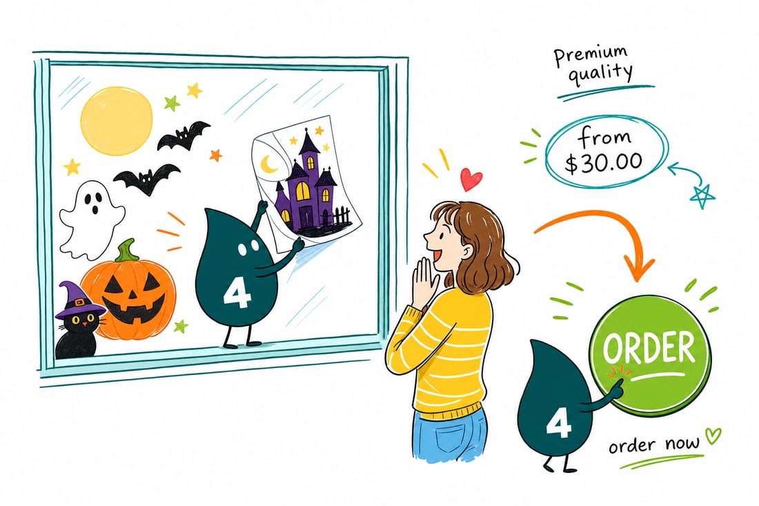 Wally the 4OVER4 mascot pressing a clear Halloween window cling of a smiling pumpkin onto a storefront window, teal hand-drawn line art.