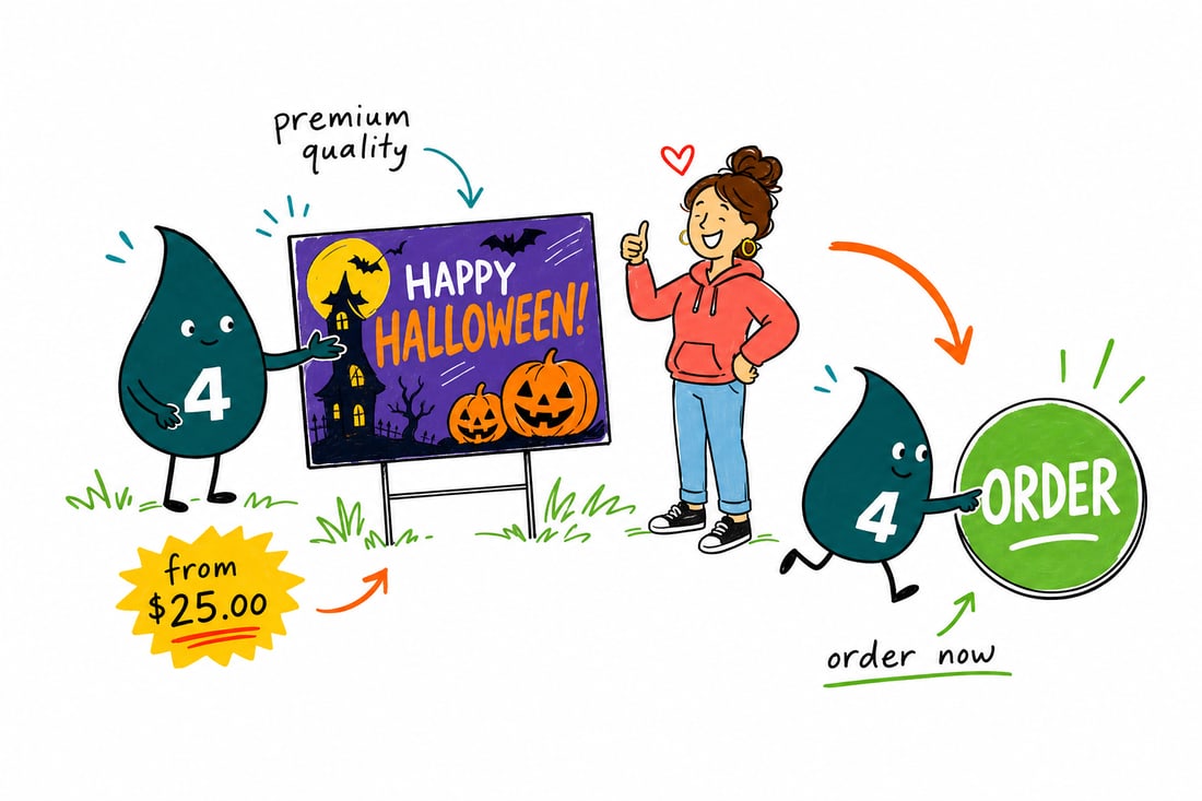 Wally the 4OVER4 mascot planting a full color Halloween yard sign, priced from $25, into a front lawn beside a jack-o-lantern, teal hand-drawn line art.