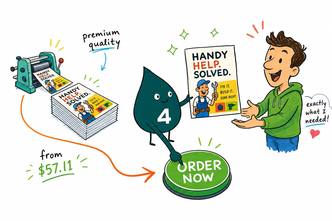 Wally the 4OVER4 mascot in a tool belt handing a full-color handyman flyer to a homeowner on a front porch, teal hand-drawn line art.