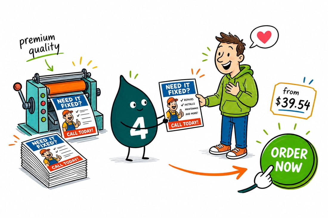 Wally the 4OVER4 mascot in a tool belt handing a full-color handyman flyer to a homeowner on a front porch, teal hand-drawn line art.