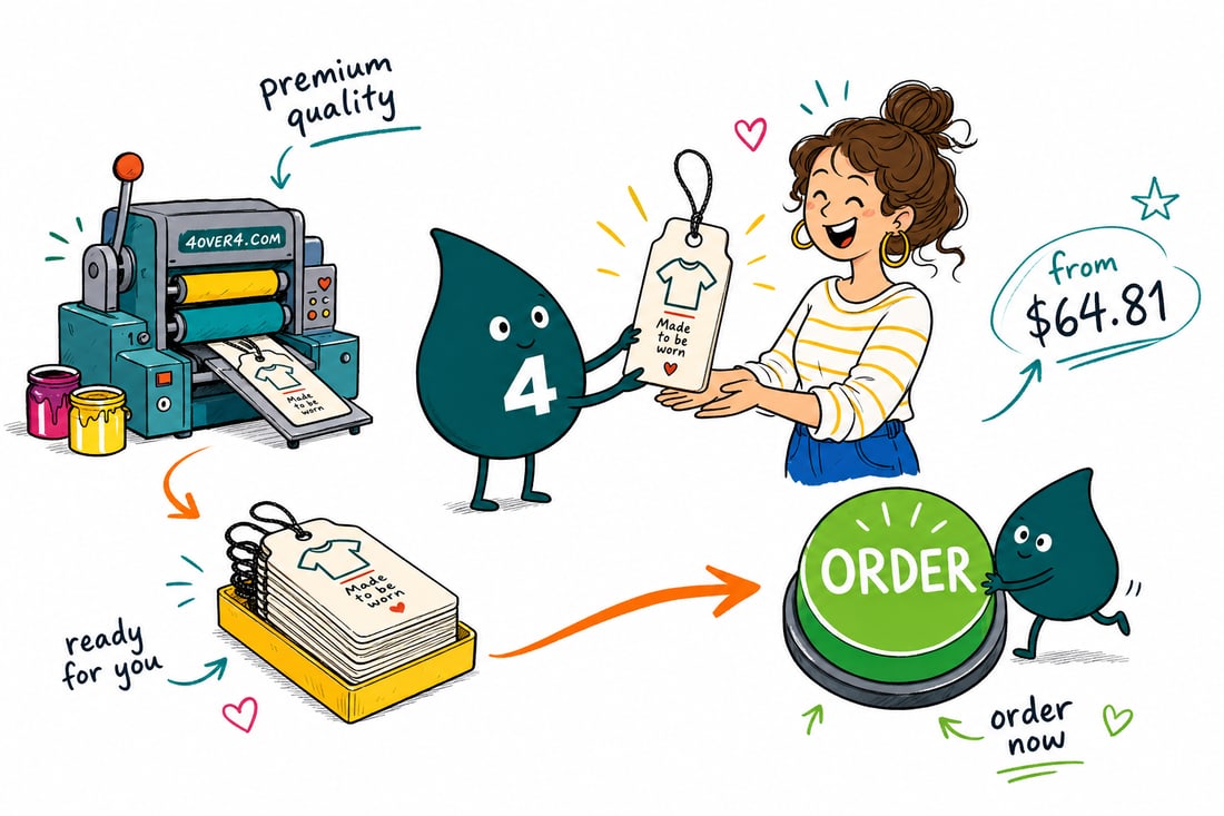 Wally the 4OVER4 mascot tying a printed clothing hang tag, priced at $25.27 for 50, onto a folded shirt in a boutique, teal hand-drawn line art.
