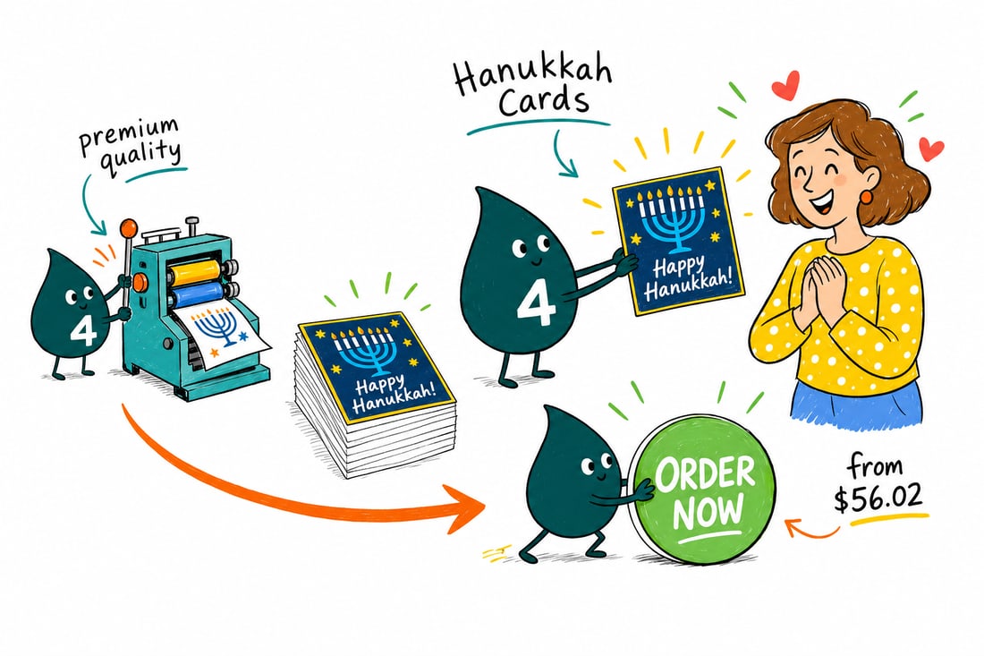 Wally the 4OVER4 mascot handing a folded Hanukkah greeting card with a glowing menorah, priced from $31.86 for 25, across a counter to a happy customer, teal hand-drawn line art.