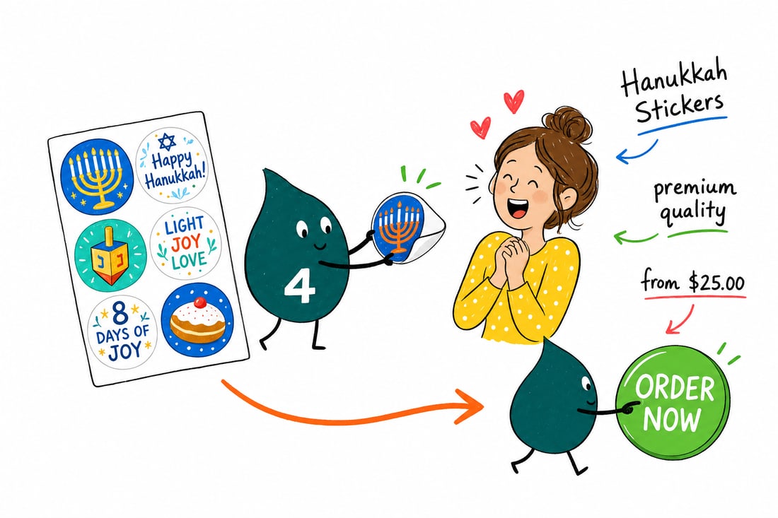 Wally the 4OVER4 mascot pressing a full-color Hanukkah sticker of a menorah onto a wrapped gift box, teal hand-drawn line art.