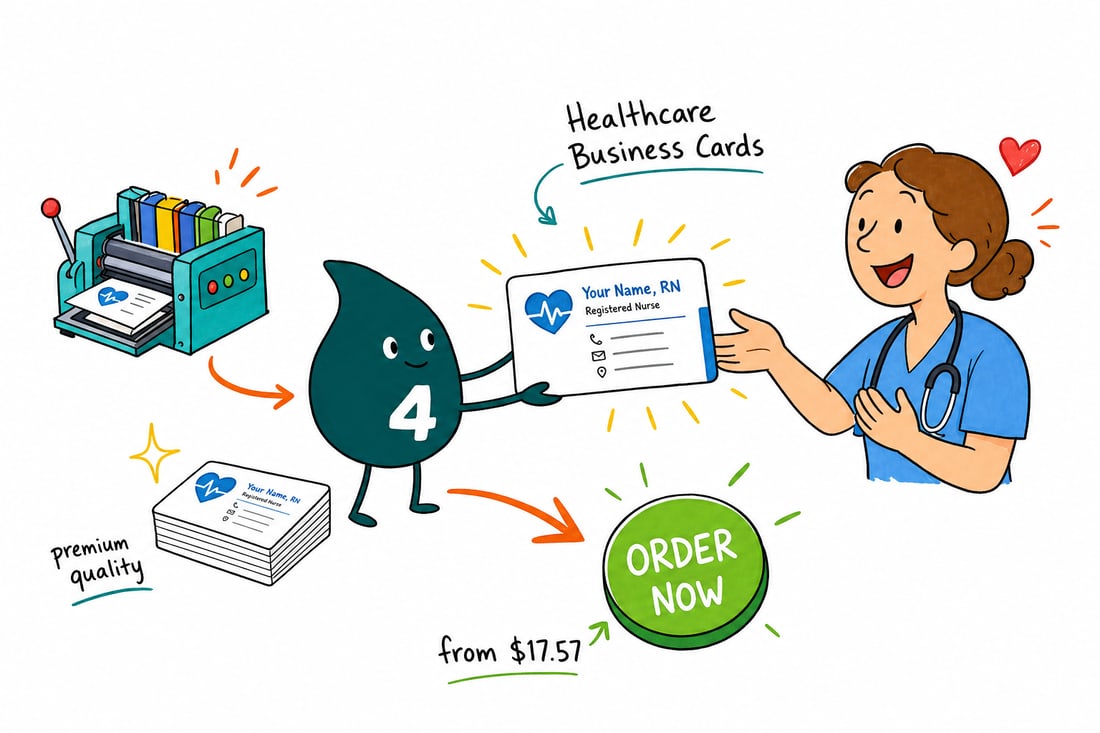 Wally the 4OVER4 mascot handing a healthcare business card, priced at $17.57 for 100, to a smiling clinic receptionist, teal hand-drawn line art.