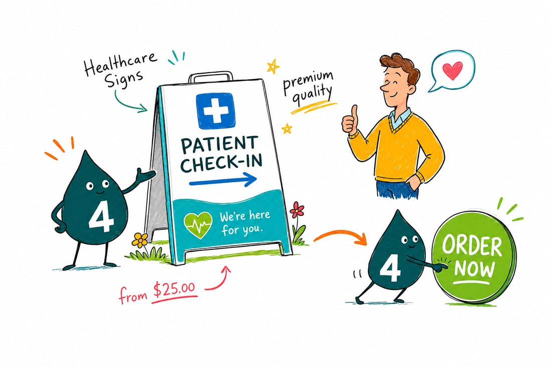 Wally the 4OVER4 mascot mounting a teal healthcare wayfinding sign on a clinic wall, priced from $25, teal hand-drawn line art.