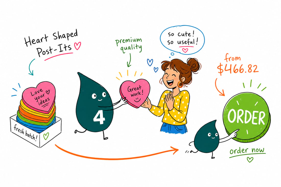 Wally the 4OVER4 mascot handing a heart shaped Post-it note pad across a desk to a smiling customer, teal hand-drawn line art.