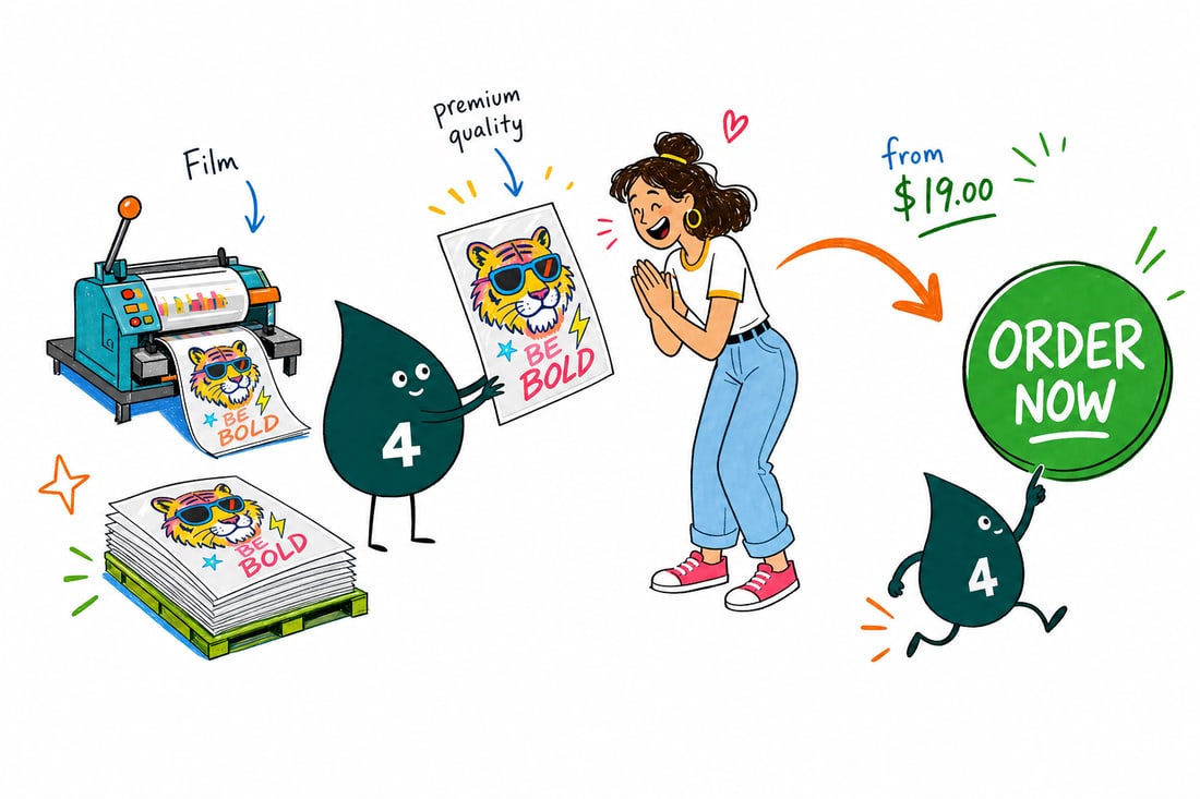 Wally the 4OVER4 mascot pressing a full-color heat transfer film onto a t-shirt with a heat press, priced at $19 each, teal hand-drawn line art.