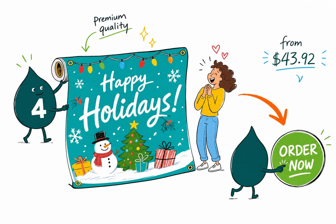 Wally the 4OVER4 mascot hanging a full-color holiday banner priced at $43.92 across a festive storefront, teal hand-drawn line art.