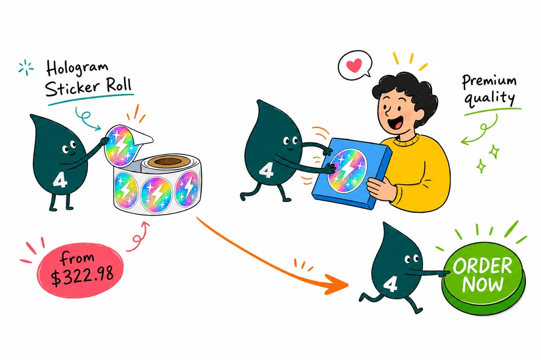 Wally the 4OVER4 mascot pulling a shimmering holographic sticker off a roll on a 3 inch core and pressing it onto a shipping box, priced from $322.98 for 100, teal hand-drawn line art.