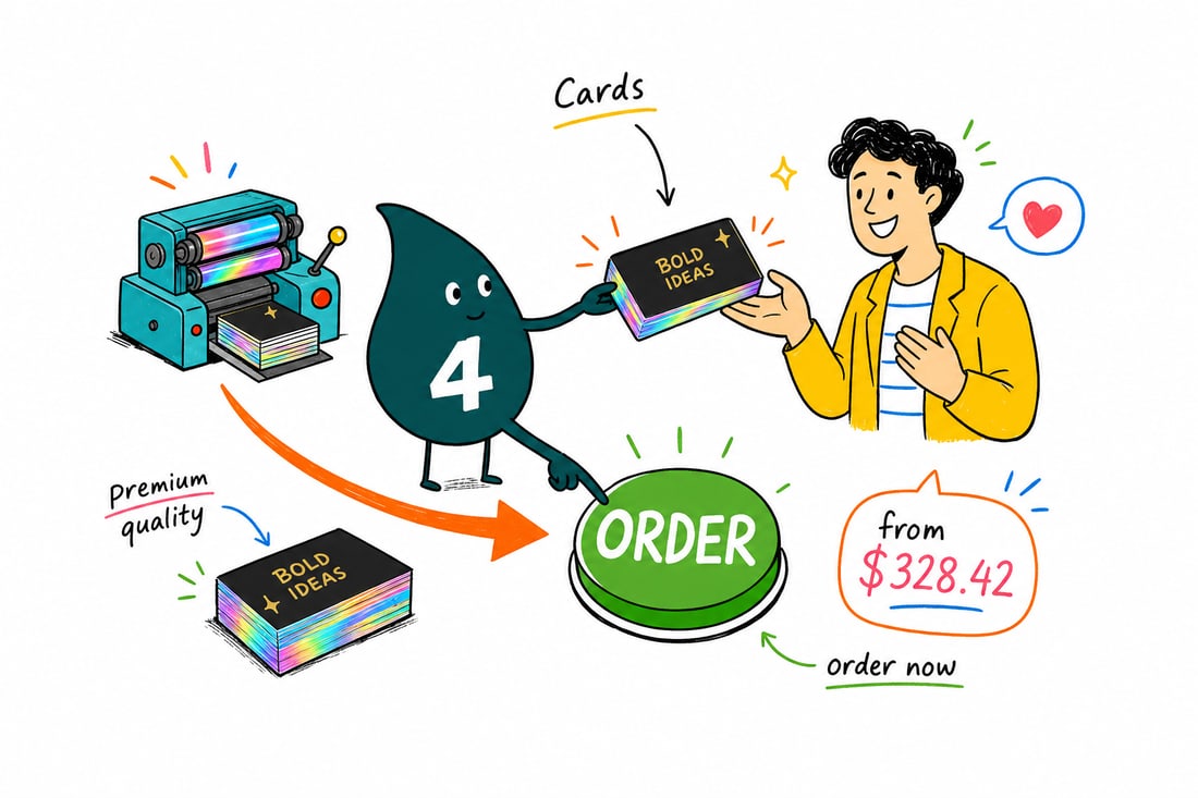 Wally the 4OVER4 mascot holding up a thick business card with a glowing holographic gold foil edge, priced from $328.42 for 250, teal hand-drawn line art.