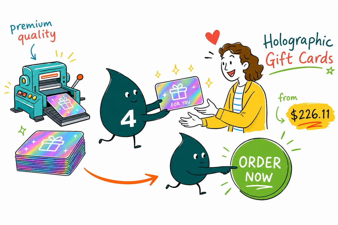 Wally the 4OVER4 mascot holding up a shimmering holographic gift card priced at $226.11 for 250, showing a magnetic stripe and rounded corners, teal hand-drawn line art.