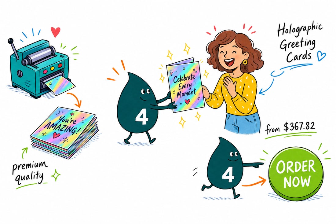 Wally the 4OVER4 mascot holding up a folded 5 by 7 inch holographic greeting card catching a rainbow shimmer, priced at $367.82 for 100, teal hand-drawn line art.