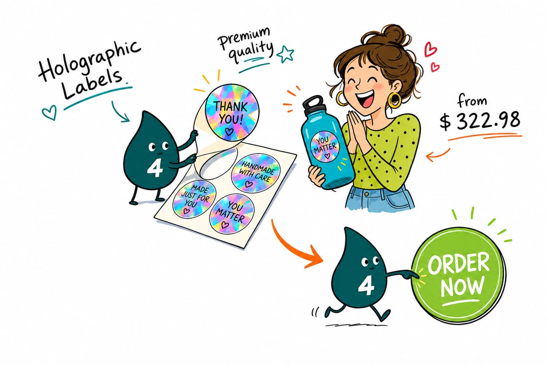 Wally the 4OVER4 mascot pressing a shiny metallic holographic label onto a product jar, priced from $322.98 for 100, teal hand-drawn line art.