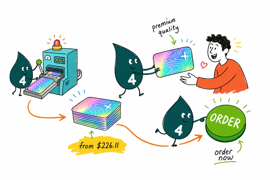 Wally the 4OVER4 mascot holding up a holographic plastic card that catches a rainbow shimmer, priced at $226.11 for 250, teal hand-drawn line art.