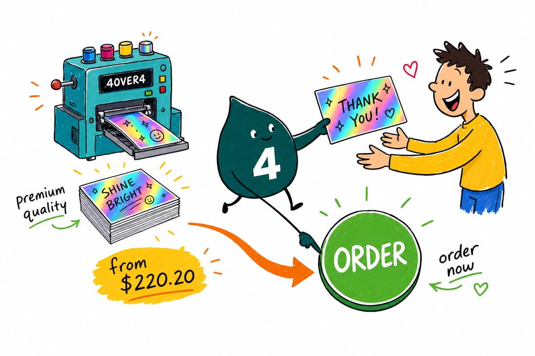 Wally the 4OVER4 mascot holding up a holographic postcard that shimmers with rainbow light, priced from $220.20 for 100, teal hand-drawn line art.