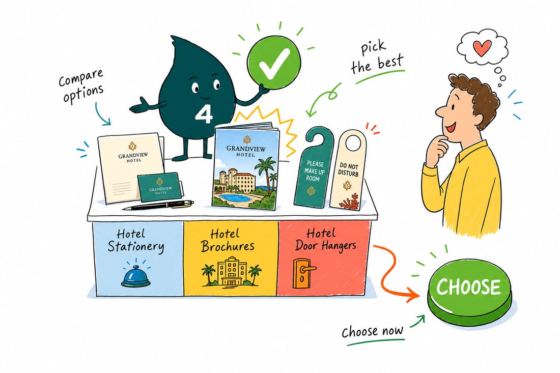 Wally compares Hospitality Printing options side by side at 4OVER4.COM