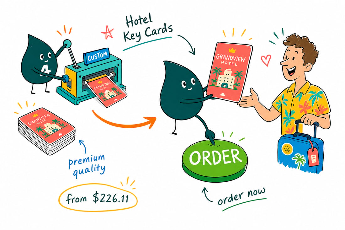 Wally the 4OVER4 mascot handing a printed plastic hotel key card with a magnetic stripe across a front desk to a hotel guest, teal hand-drawn line art.