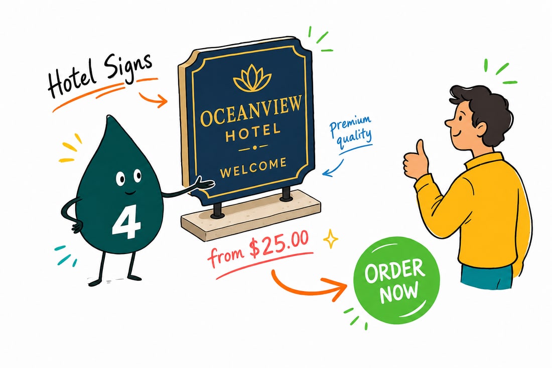 Wally the 4OVER4 mascot placing a directional hotel sign priced at $25 in a bright hotel lobby, pointing guests toward the ballroom and pool, teal hand-drawn line art.