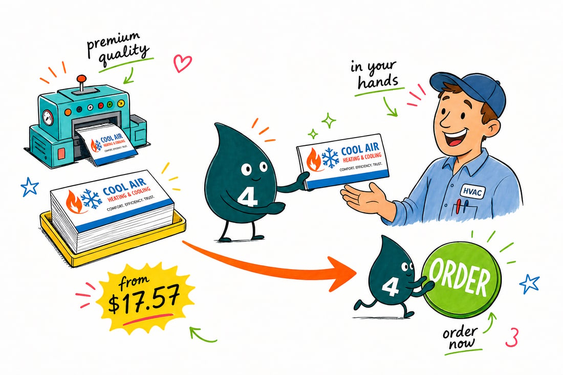 Wally the 4OVER4 mascot handing an HVAC technician a magnetic business card priced at $17.57 for 100 and sticking it to a furnace, teal hand-drawn line art.