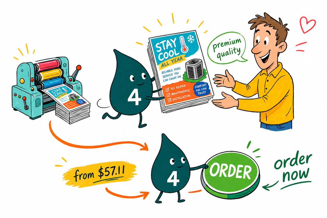 Wally the 4OVER4 mascot handing an HVAC service flyer, priced at $39.54 for 50, to a homeowner at their front door, teal hand-drawn line art.