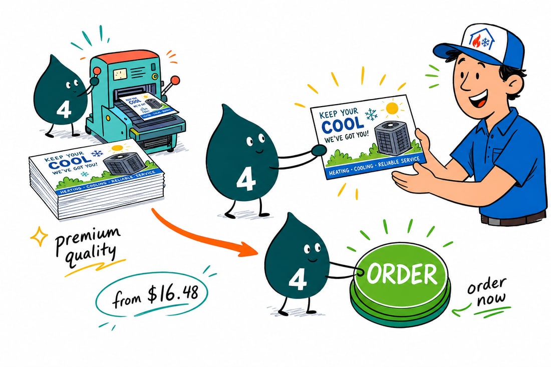 Wally the 4OVER4 mascot handing an HVAC postcard printed with a furnace tune-up offer, priced at $16.48 for 50, to a homeowner at the door, teal hand-drawn line art.