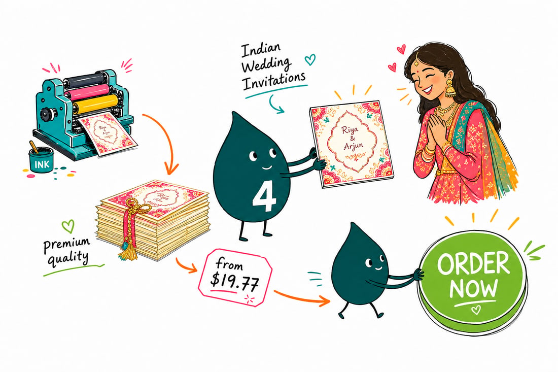 Wally the 4OVER4 mascot holding an ornate gold Indian wedding invitation with a matching envelope, priced from $19.77 for 25, teal hand-drawn line art.
